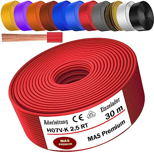 MAS Premium Aderleitung H07 V-K 1x2,5 mm² HBL GRGE RT DBL BR OR GR WS VIO oder GE Einzelader flexibel Von 5 bis 100m (Rot, 30m)