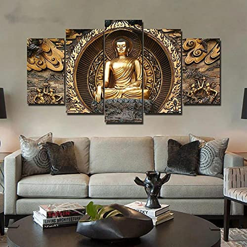 MPPSU Golden-Buddha-Malerei Wanddekoration Wohnzimmer Leinwandbild Jugendzimmer Poster Set Modern 5 Teiliges Wandbild Bedroom Decor XXL Bilder Mit Rahmen 150 * 80cm