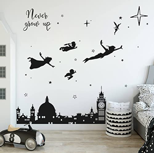 Runtoo Wandtattoo Peter Pan Wandsticker Big Ben Schwarz Silhouette Wandaufkleber Kinderzimmer Babyzimmer Mädchen Junge Wanddeko