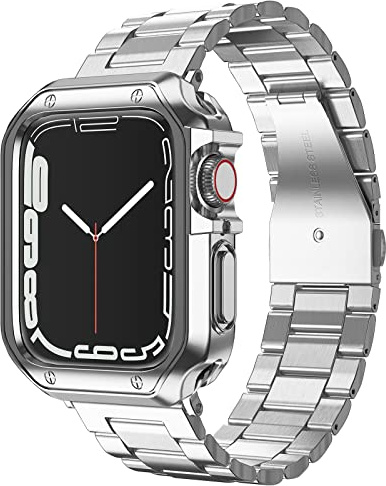 Armband med skyddsskal för Apple Watch, länkar i rostfritt stål, TPU-skal, länkarmband för smartklocka, för Apple Watch Series 9/8/7/6/5/4/3/2/1/SE, 41/40/38 mm, silverfärg