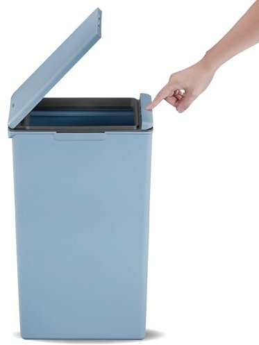 EKO Morandi 40L Kitchen Recycling Bin with Touch-Top Lid, Slim Plastic Rubbish Bin with Recycling Stickers and Easy-Clean Finish, Compact Design for Home or Office, Titanium Blue