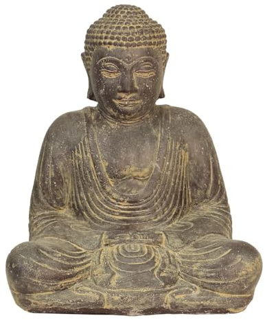 Oriental Galerie Japan Buddha Figur sitzend Skulptur Lotussitz Meditationsgeste Stein Lavasand Bali Steinfigur Garten Deko 30 cm