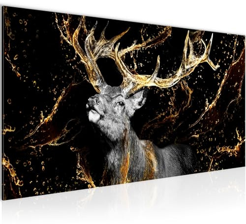 Runa Art Wandbild Hirsch 1 Teilig 100 x 40 cm Modern Bild auf Vlies Leinwand Tiere Wohnzimmer Schlafzimmer Schwarz Gold 042412a