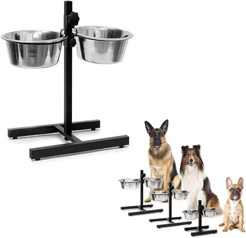 Mangeoire INOX + Support Hauteur Réglable, Mangeoire en Acier Inoxydable, Porte-gamelles avec gamelles réglable - idéal pour Chiens Grands ou Vieux (Noir)