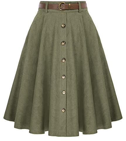 Belle Poque Women's Army Green Corduroy Skirts Casual A-Line Flared Flowy Midi Skirt with Pockets