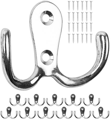 Krokar för skruvning, 12 st, i silver, utsida 54 x 40 x 15 mm, dubbelkrokar inkl. träskruvar, klädkrokar för dörr, badrum, kök, hall, DIY metallkrokar, klädkrokar, hattkrokar, väggskruvkrokar