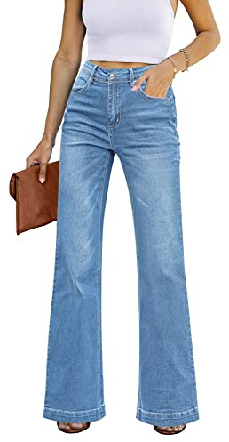 Roskiky High Waist Bootcut Jeans Damen Stretch Mom Baggy Y2K Hellblau Mittelblau XXL