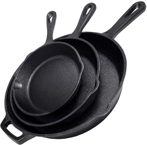 Simple Chef Cast Iron Skillet 3-Piece Set - 12, 10, 8 Heavy Duty Pans - Professional Restaurant Chef Quality Pre-Seasoned Pan Cookware Set