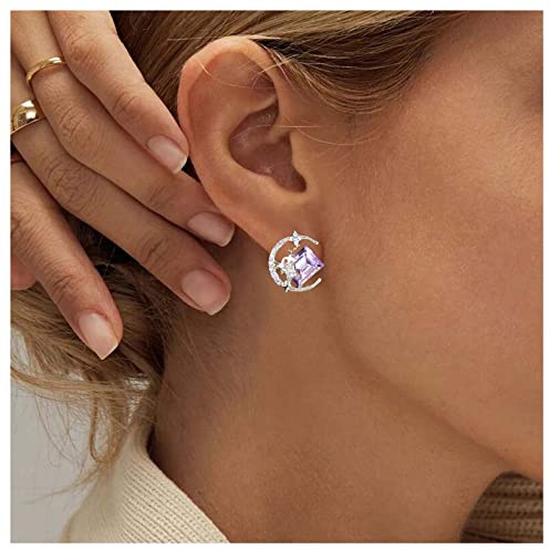 Cimenexe Böhmische Kristall-Mond-Ohrringe Quadratische Amethyst-Mond-Ohrringe Strass-Stern-Ohrstecker Gold-Sichel-Mond-Ohrringe Schmuck Für Frauen Und Mädchen Geschenke