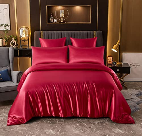 Sedefen Housse de Couette Satin 200 x 200 cm + 2 taie d'Rougeeiller 65x65cm Rouge Parures de lit Ado Adulte 2 Personnes la Soie Lisse Brillante Linge de lit avec Fermeture Éclair