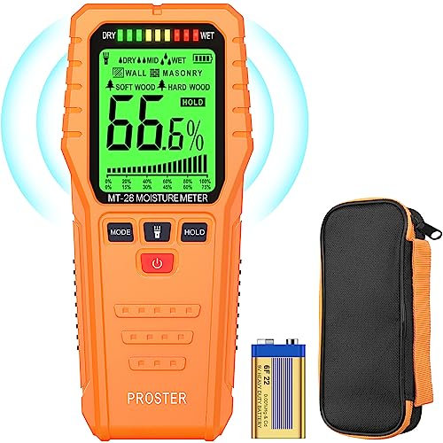 Proster Pinless Moisture Meter with Backlit LCD - Damp Tester Measures Hardwood, Softwood, Walls & Masonry Up to 3/4-Inch Depth, Includes Storage Bag