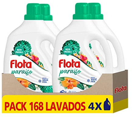 FLOTA | Detergente Líquido Quitamanchas incluso en Agua Fría para Lavadora | Ropa Blanca y de Color | Fragancia Paraíso | Pack de 4 x 42 Lavados = 168 Lavados