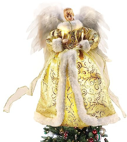 Topper d'arbre de Noël d'ange, Figurine de cime d'arbre, décoration intérieure avec des Ailes de Plume, 12.6in (Or)