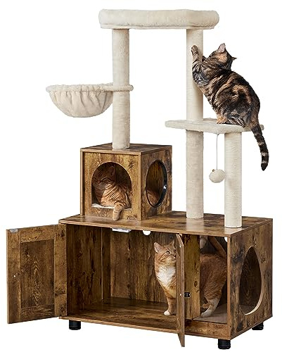Yaheetech Cat Tree Litter Box Enclosure All-in-One Cat Furniture, Brown | MDF & Sisal Scratching Posts, Spacious Condo & Perch & Hidden Washroom Enclosure, For Indoor Cats Multi-Cat Household