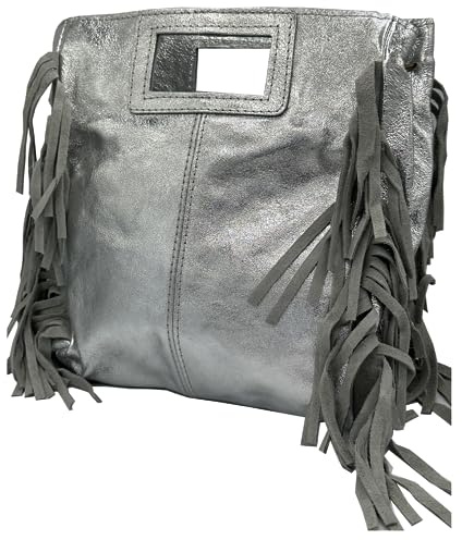 Sac pour femme élégant design vintage avec franges, bandoulière en cuir italien spacieux, mode été, idéal pour les voyages et les occasions spéciales, argent métallique