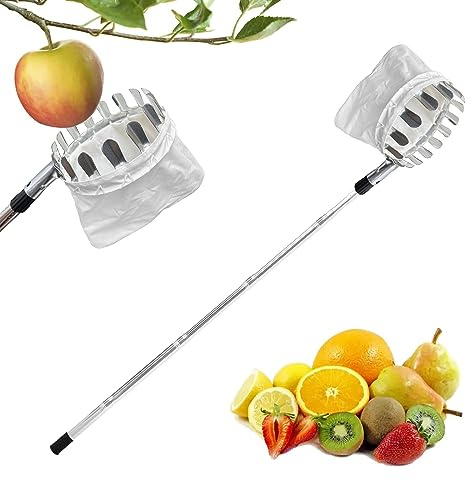 Obstpflücker, Teleskopische Obstpflückstange, Mehrzweckpflücker aus rostfreiem Stahl, lange Obstpflückstange für Obstgärten, Apfelpflücker,Kirschenpflücker mit Baumwollbeutel (Rostfreier Stahl, 1.6m)