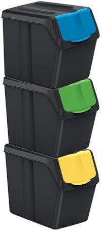 Sorting Waste Bin Set Recycling Segregation Stackable Lidded Handle 3 Colours Black Grey Ashen Flap Lid 20L 25L 35L (3pcs x 20 Litre, Black)