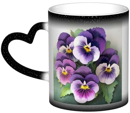 EVIUS Christmas Color Changing Ceramic Mugs,Sublimation Mug 14 Oz, Fun Coffee Cup,Ceramic Mugs with Heart Handle, Magic Mugs,Pansies Flower Cute Cool Ceramic Cups.Holiday Prank Gifts.