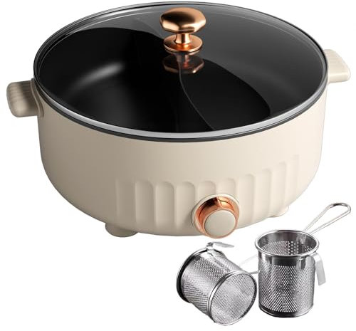 ARTSIM Fondue Chinoise Electrique, 6 litres, 1350 Watts, 30cm De DiamèTre Appareil Fondue Chinoise Convient Aux FêTes d'anniversaire (avec 2 Filets Non éTanches),White