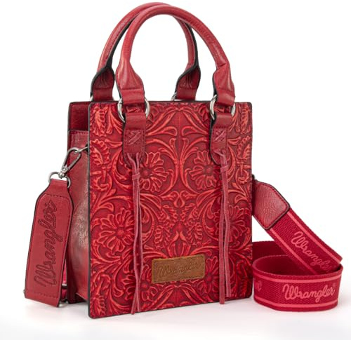Wrangler Western Crossbody Bag for Women Tooling Top Handle Handbags and Mini Tote Bag, Angel Red, Small