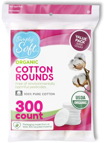 Simply Soft Premium Organic Cotton Rounds, 100 Count (Pack of 3), 100% Cotton Pads, Certified Organic, Hypoallergenic, Soft & Absorbent for Beauty, Cosmetics, Skin Care, Lint Free