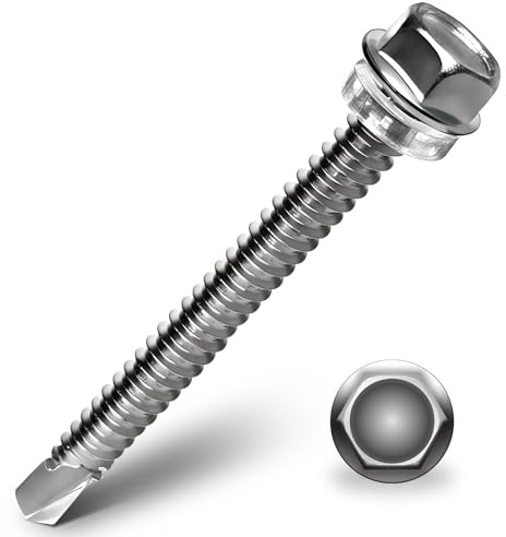 HXJDAM 25 Pcs 410 Acero Inoxidable Tornillos Autotaladrantes Cabeza Hexagonal M6.3x100mm Con Arandela Plástico Tornillos Autoperforantes Hexagonales Autorroscantes para