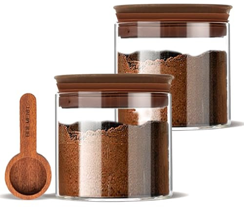 500ml Vorratsgläser mit Holz Deckel 2er Set, Vorratsdosen Glas mit Deckel Luftdicht und Schaufel für die Lagerung Kaffeebohnen, Weite Mund Vorratsglas für Kaffee Bar Veranstalter, Küchenzucker