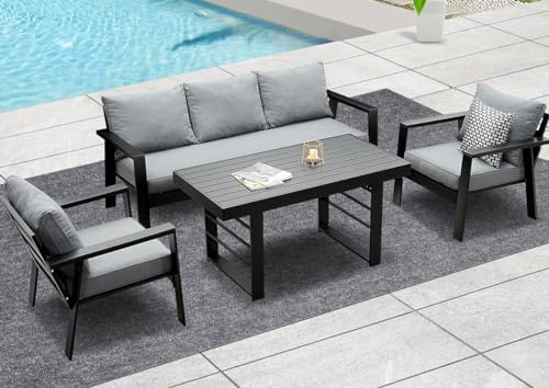 GLP Gartenmöbel Set Aluminium 4-TLG., 3-Sitzer Sofa, 2 x Einzelsessel, 1 x Esstisch, 7 x Auflagen, wetterfest Essgruppe Gartengarnitur für Garten Balkon Terrasse 4-5 Personen(Schwarz)