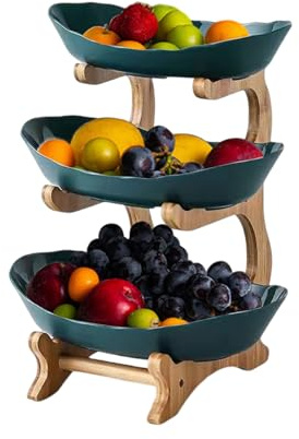 CEIEVER Plastic Fruit Stand, Fruit Bowl with Wooden Stand, Fruit Basket Countertop Fruit Basket for Fruit Vegetable Storage, Snack,Nuts,Cake,Dessert (Dark Green, 3 Layers)