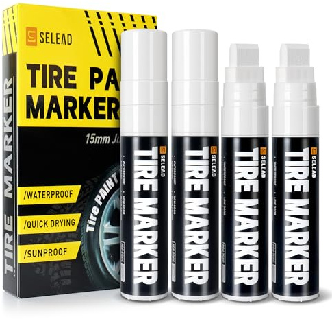 SELEAD Jumbo Tire Marker White - 4 Pack 15mm Wide Tip Paint Pens for Car Tires Lettering, Large Capacity Premium Ink Waterproof Permanent Markers