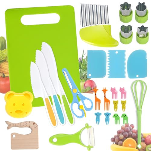 Ensemble de 27 Pièces Couteau Enfant, Ustensiles Cuisine Enfant, Kit Couteau Sécurité pour Couper et Cuisiner des Fruits ou des Légumes