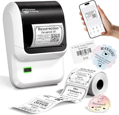 Omezizy Stampante per etichette, etichettatrice Bluetooth M100, autoadesiva, con etichette, stampante termica per vendita al dettaglio, codice a barre, indirizzo, abbigliamento (White)
