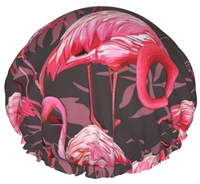 Duschhaube mit niedlichem Flamingo-Muster, doppelschichtig, gefüttert, Duschhauben für Damen, wiederverwendbar
