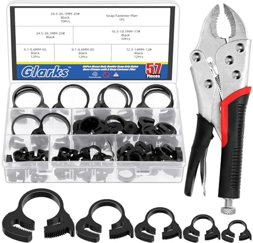 Glarks 57pcs 6.1-26.1mm Heavy Duty Black Double Gripping Nylon Hose Clamp Set, 5 Sizes Adjustable Speedy Double Snap Grip Hose Clamp with Locking Pliers, Plastic Snap Ratcheting Clamp Kit for Plumbing