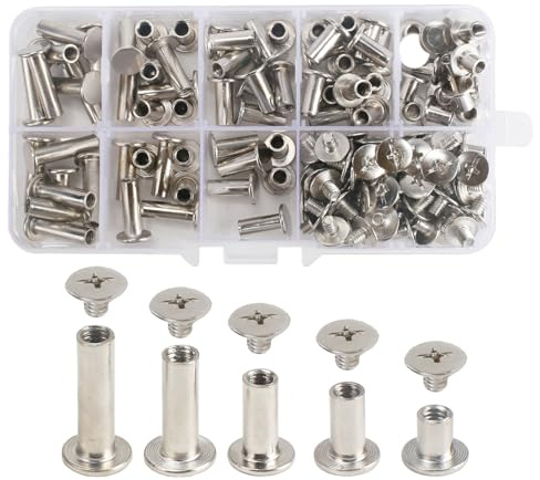 FOGAWA 160 Pièces Vis de Reliure Assortiment vis chicago M5 x 6 mm/10 mm/12 mm/15 mm/18 mm Rivets en Cuir Set Rivet à Visser Vis à Chicago pour Livre, Album Photo, Ceinture en Cuir