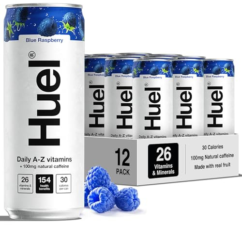 Huel Daily A-Z Vitamins Energy Drink, 12 x 330ml Cans, Blue Raspberry Sparkling Multivitamin Energy Drink, Fizzy Drinks Made with Real Fruit, Rich in Electrolytes, Low Calorie, Caffeine Boost