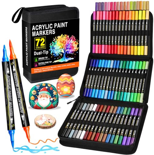 Acrylstifte Set 72 Farben, Dual Tip Acrylic Paint Marker mit Feiner Spitze und Pinsel, Acrylmarker Wasserfest für Steine Holz Ostereier Glas Keramik Leinwand und Papier, Acrylfarben Stifte Kinder