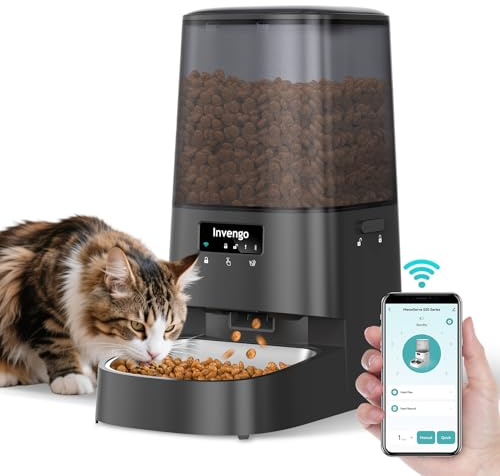 Invengo Comedero Automático para Gatos, Dispensador de 5L con Control por App, Wi-Fi 2,4/5G, Doble Alimentación, Porciones Programables, Anti-Atasco & Fresh-Lock, Cuenco de Acero Inoxidable, Fácil de