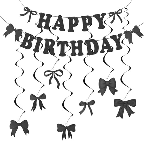 Happy Birthday-Banner mit Schleife, schwarz, Geburtstagsparty-Dekoration, Schleife zum Aufhängen, für Frauen- und Mädchengeburtstagspartys, Babypartys