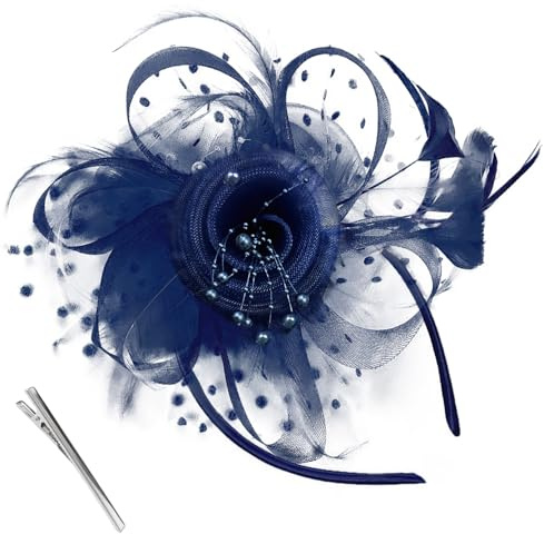 Navy Blue Fascinators for Women Dual Wear Clip or Headband with Silk Flowers Horse Racing Hat Wedding Mother Bride Cocktail Party Hair Décor