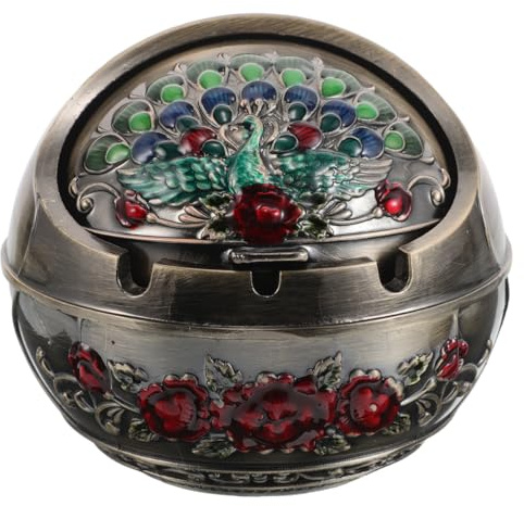 TOPPERFUN Decorative Ashtray with Lid Vintage European Style Metal Ash Bin for Living Room Dining Room and Patio Tabletop Retro Home Decor Gift for Men Indoor Outdoor Use