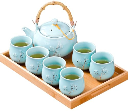 Japanese Tea Set, White Porcelain Tea Set with 1 Teapot Set, 6 Tea Cups, 1 Tea Tray, 1 Stainless Infuser, Plum Blossom Embossed,Chinese gungFu Tea Set (Golden Plum-Blue)