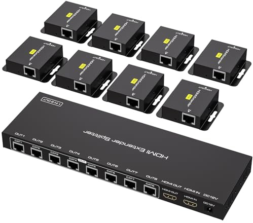 VEDINDUST HDMI Extender Splitter Extended Over Ethernet Extends Up to 165ft Via Cat6 Cat7 Ethernet Cable With 8 Receivers 1 HDMI Loop out Supports EDID Management 1080P 60HZ POC