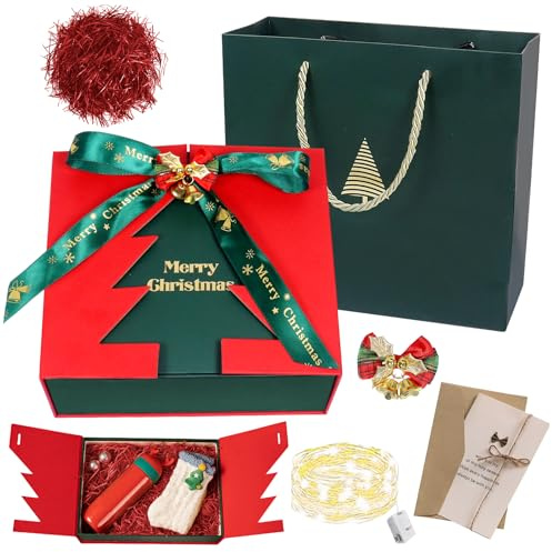 Weihnachten Geschenkbox, 20x18x8 CM Geschenkschachtel Weihnachten, LED Weihnachtsbox mit Deckel, Geschenkboxen mit Schleife, Raffia, Grußkarten, Geschenkverpackung Weihnachts für Hochzeit Geburtstag