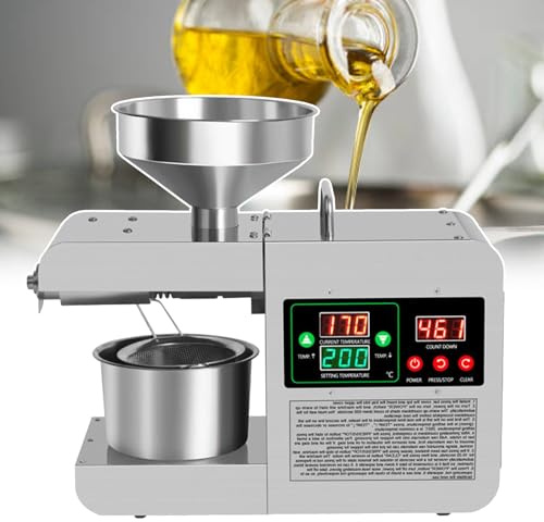 Presse à huile automatique – Expulseur domestique en acier inoxydable, moulin à huile électrique de bureau avec affichage numérique et contrôle de la température 50–250 ℃, vitesse de pression 3–5 kg/h