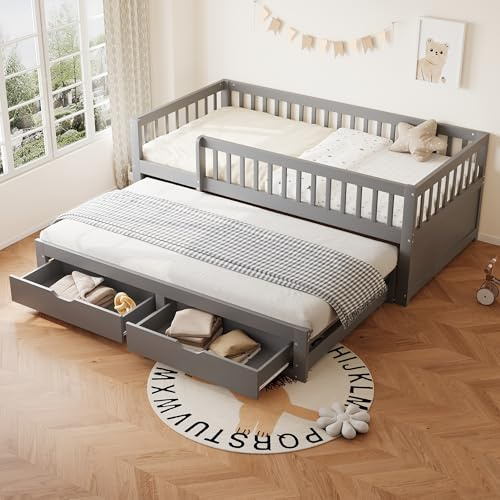 Merax Schlafsofa 90x200 cm, mit Ausziehbett & 2 Schubladen, Kinderbett mit Lattenrost, Jugendbett Gästebett platzsparend für kleine Räume, Grau (Ohne Matratze)