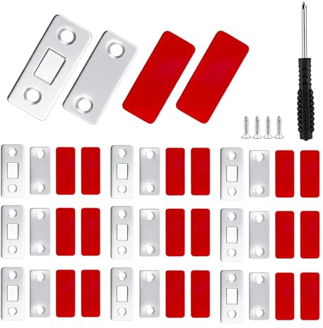 10 Pcs Magnetic Door Catch Ultra Thin Self Adhesive Strips, Cupboard Door Magnets for Internal Doors Cabinet Catches with Screwdriver, Drawer Latch Closure for Wardrobe Kitchen Closet