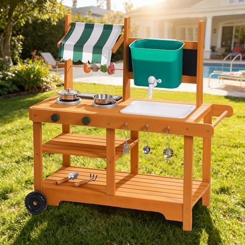ROBUD Matschküche Kinder Outdoor, Holz Spielküche mit Rädern, Grill, großem Wassertank & Echtem Wasserhahn, Tafel, Spüle, Outdoor Küche Kinder Geschenk für Mädchen Jungen ab 3 Jahren