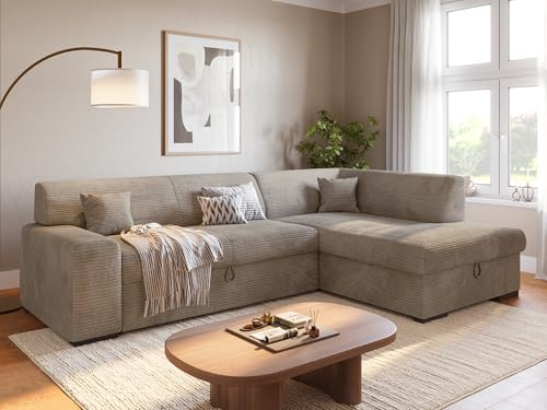 BROMARKT Ecksofa mit Bettkasten Schlaffunktion L 260cm Rechts Beige | Wohnlandschaft mit Schlaffunktion und Bettkasten L-Form Schlafcouch Eckcouch Bettsofa 3 sitzer Cordstoff Sofa für Wohnzimmer