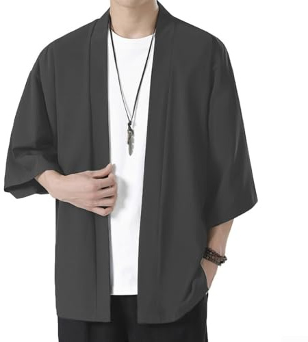 Cárdigan tipo kimono para hombre, parte delantera abierta, japonés, yukata, camisa de seda helada, abrigo suelto para verano, playa, salida de baño, casual, manga 3/4, estilo tradicional asiático